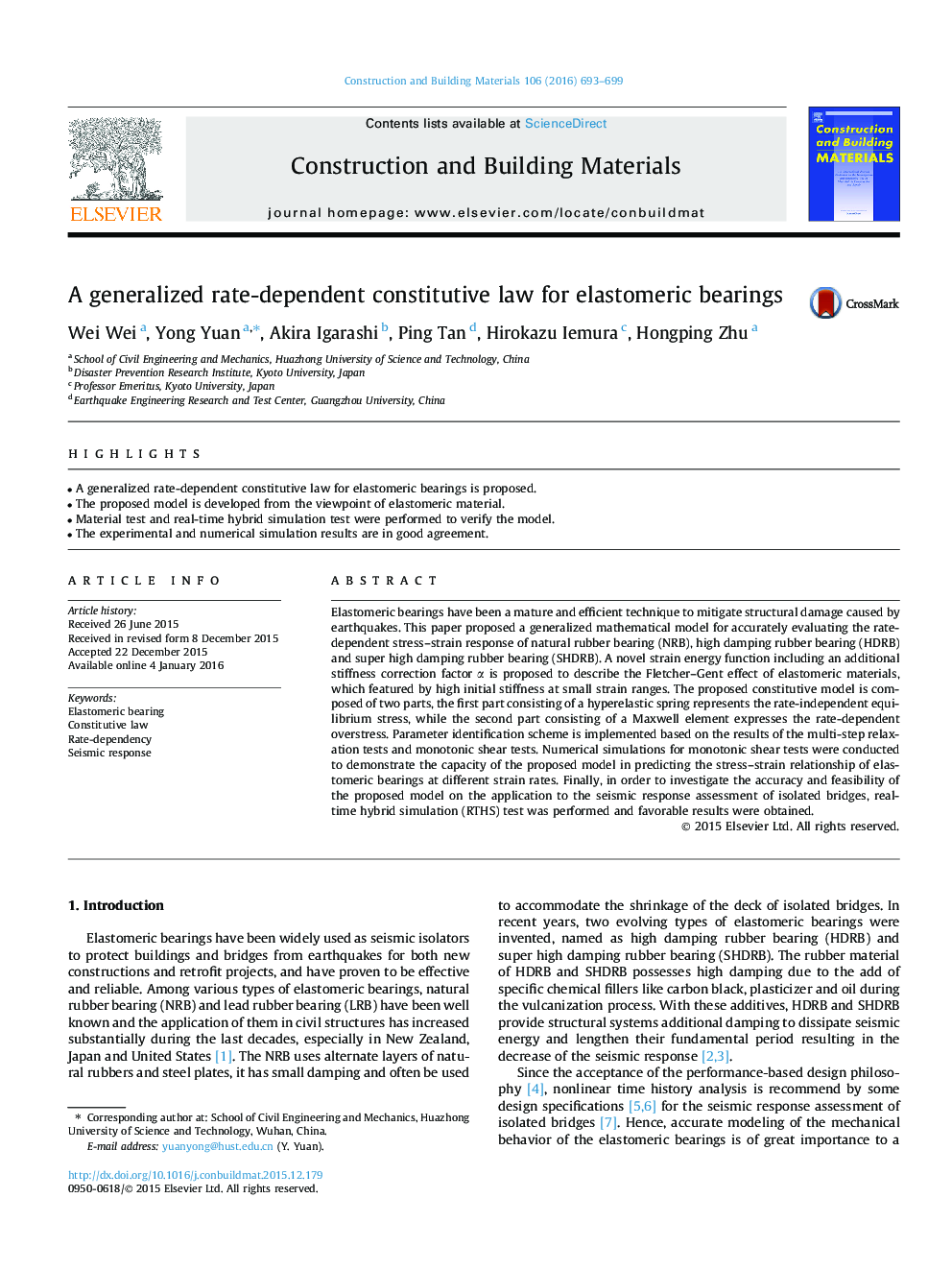 A generalized rate-dependent constitutive law for elastomeric bearings