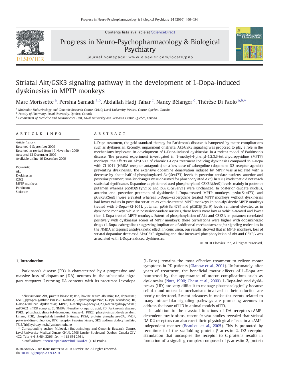 Striatal Akt/GSK3 signaling pathway in the development of L-Dopa-induced dyskinesias in MPTP monkeys