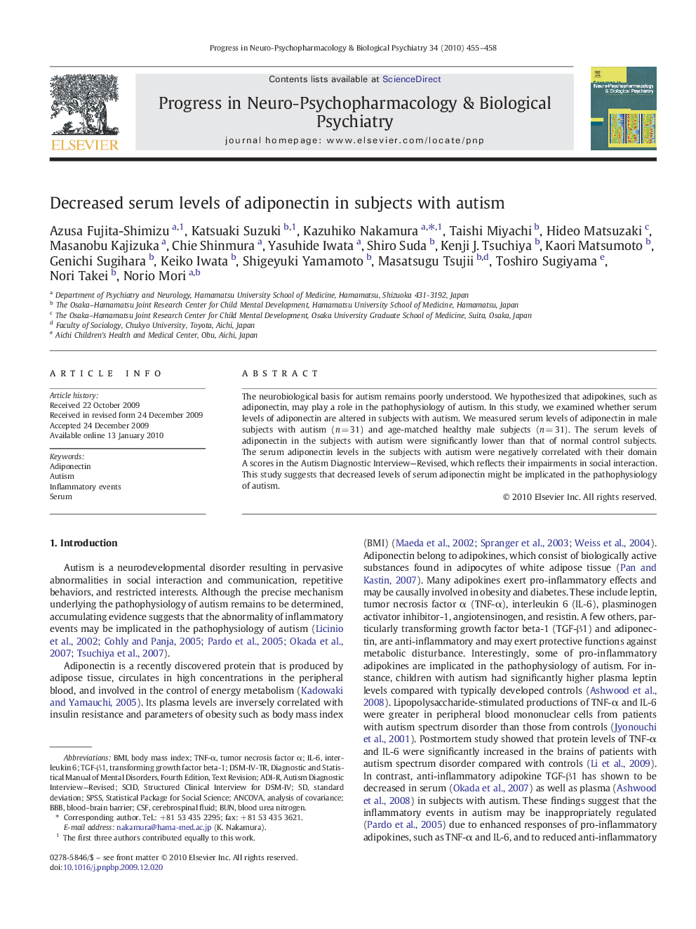 Decreased serum levels of adiponectin in subjects with autism