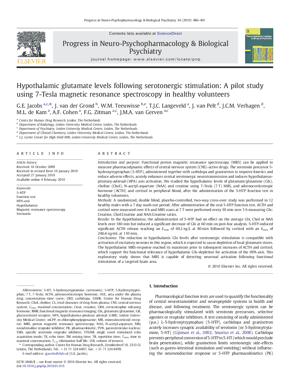 Hypothalamic glutamate levels following serotonergic stimulation: A pilot study using 7-Tesla magnetic resonance spectroscopy in healthy volunteers