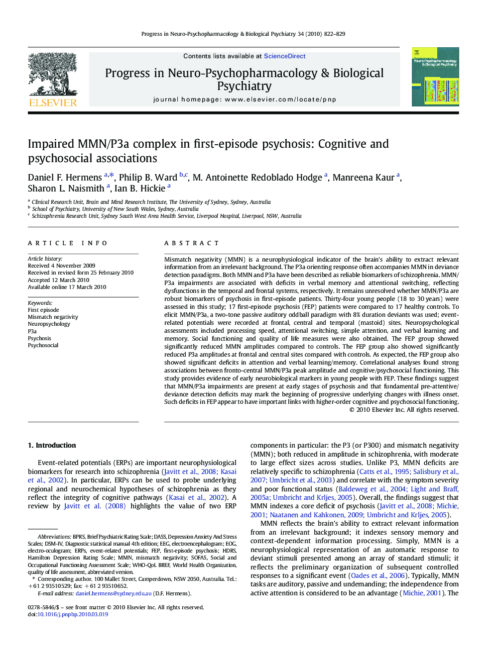 Impaired MMN/P3a complex in first-episode psychosis: Cognitive and psychosocial associations