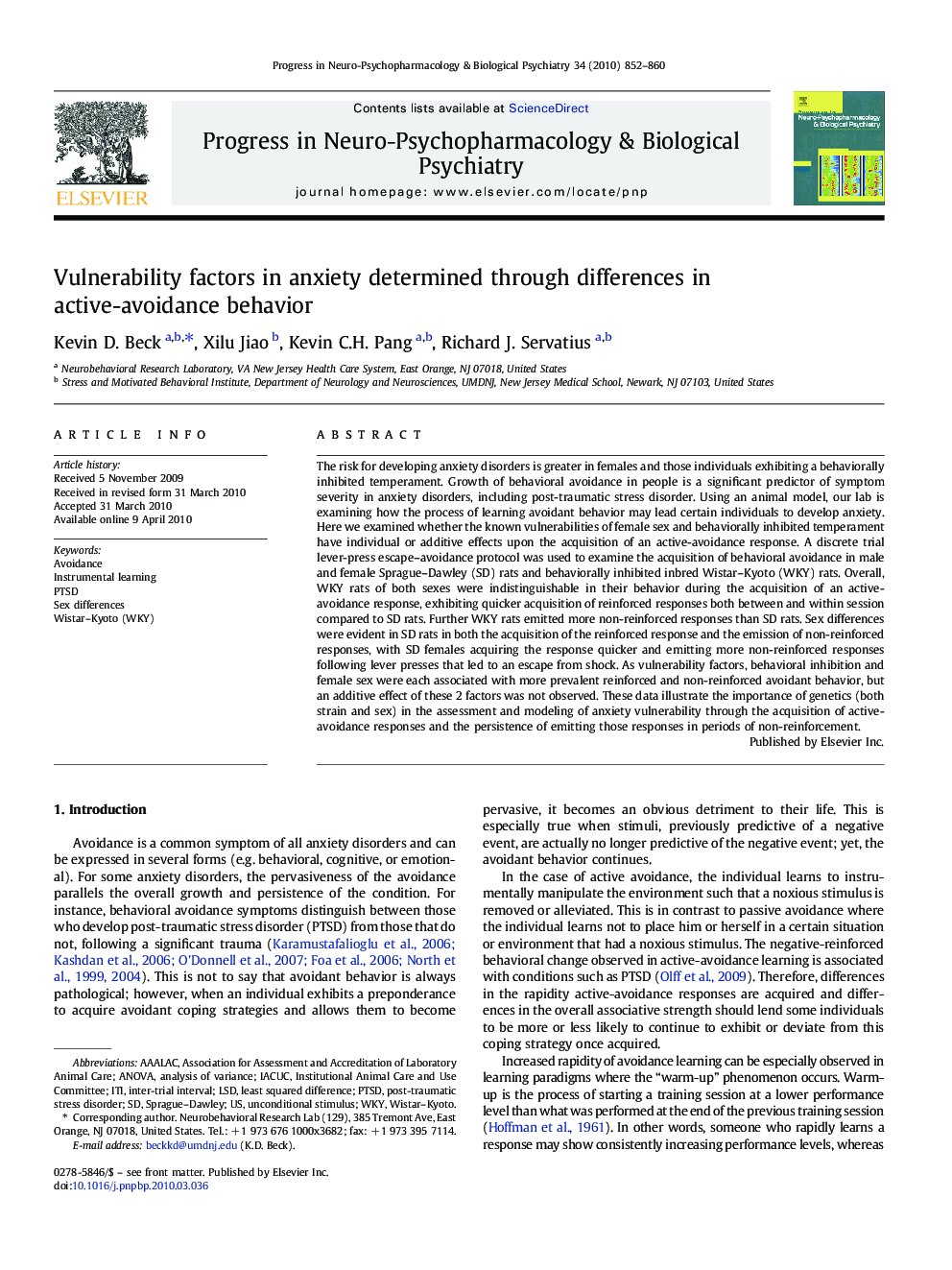 Vulnerability factors in anxiety determined through differences in active-avoidance behavior