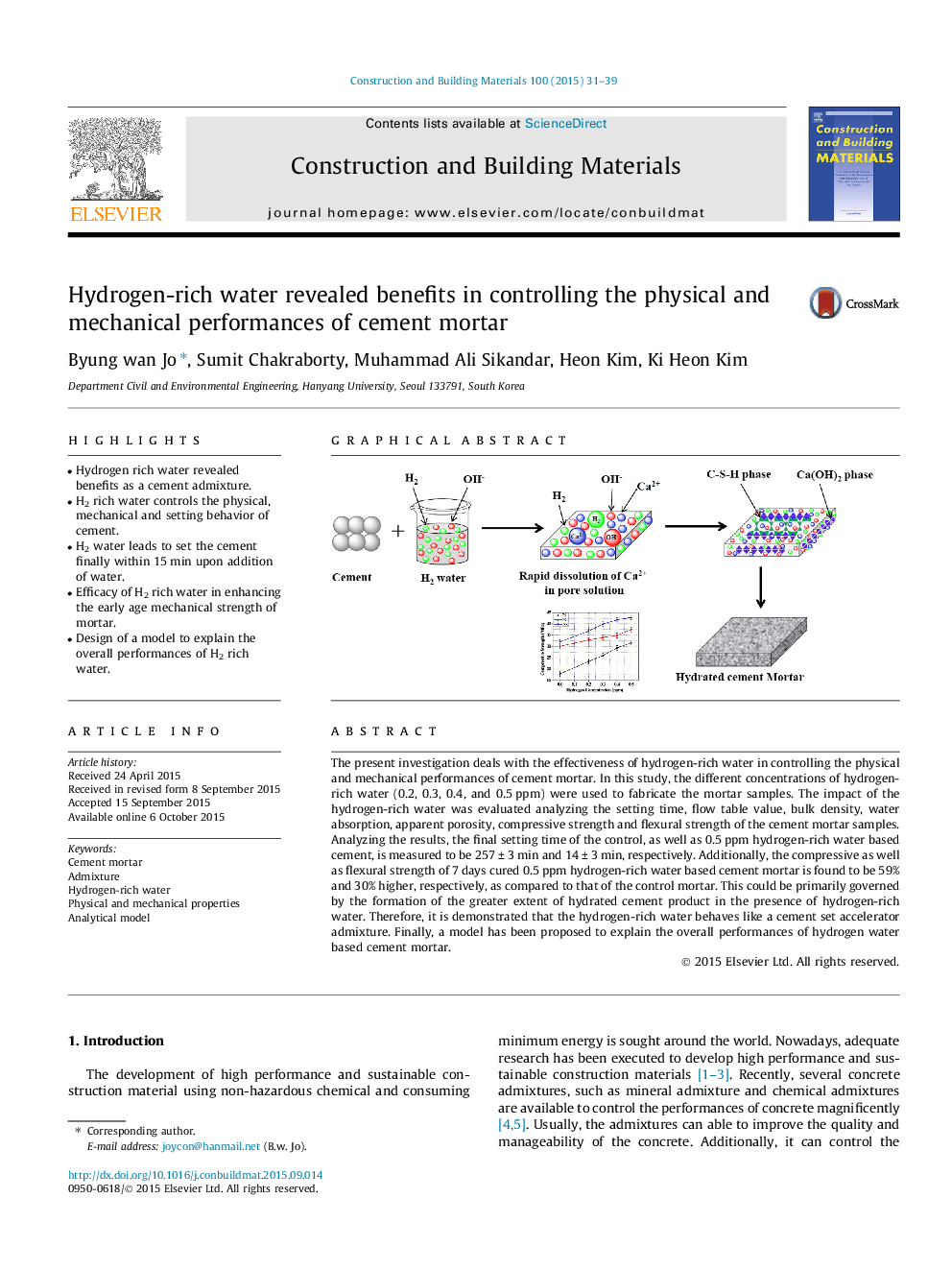 Hydrogen-rich water revealed benefits in controlling the physical and mechanical performances of cement mortar