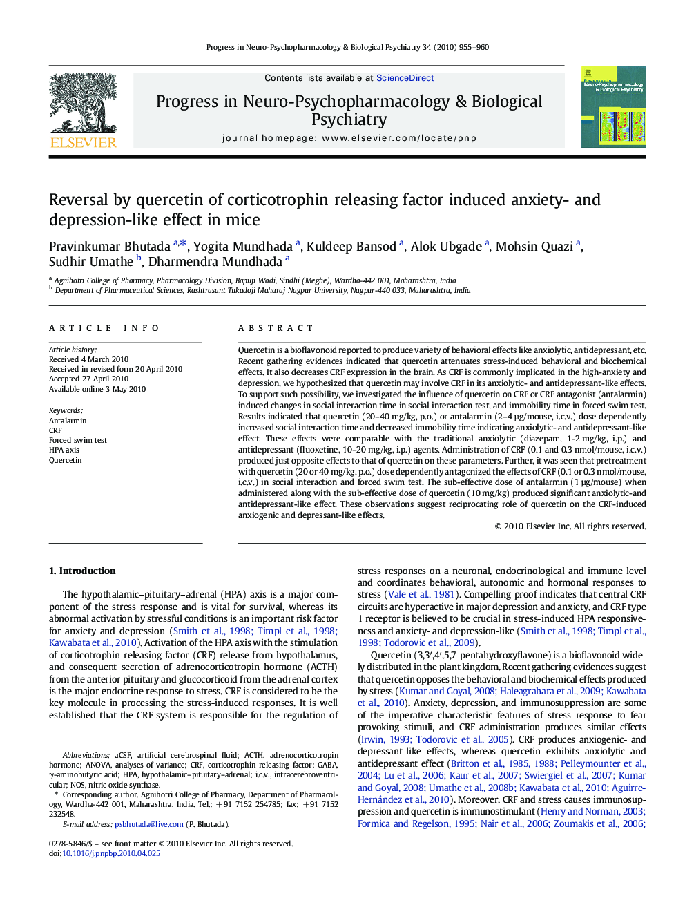 عکس صفحه اول مقاله: Reversal by quercetin of corticotrophin releasing factor induced anxiety- and depression-like effect in mice Reversal by quercetin of corticotrophin releasing factor induced anxiety- and depression-like effect in mice