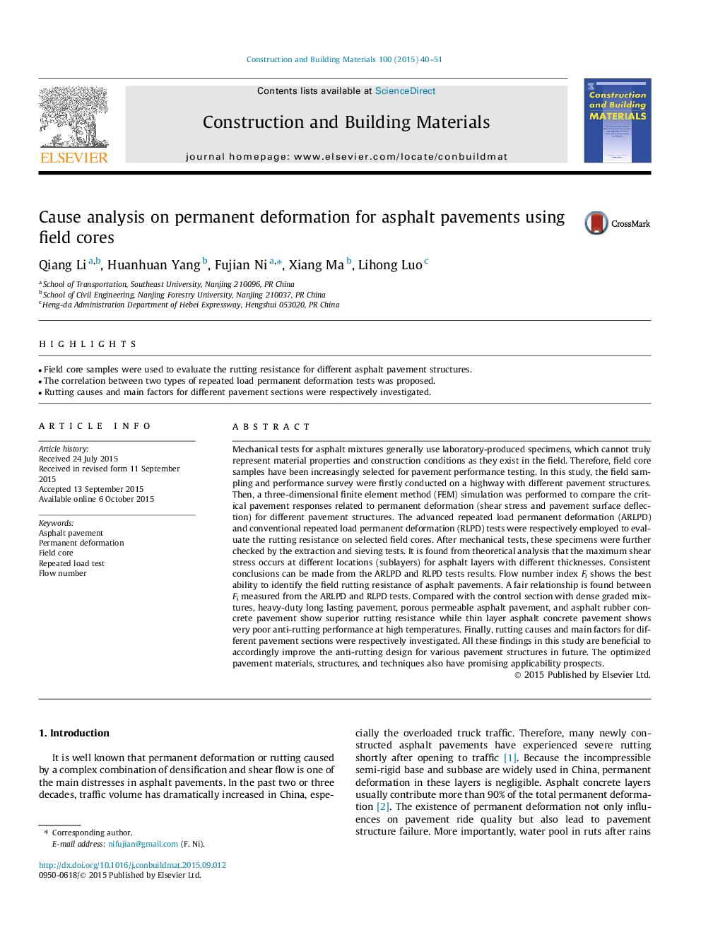 Cause analysis on permanent deformation for asphalt pavements using field cores