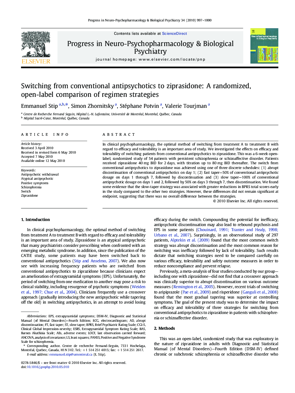 Switching from conventional antipsychotics to ziprasidone: A randomized, open-label comparison of regimen strategies