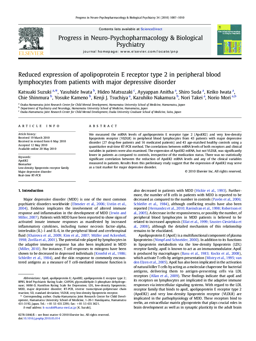 Reduced expression of apolipoprotein E receptor type 2 in peripheral blood lymphocytes from patients with major depressive disorder