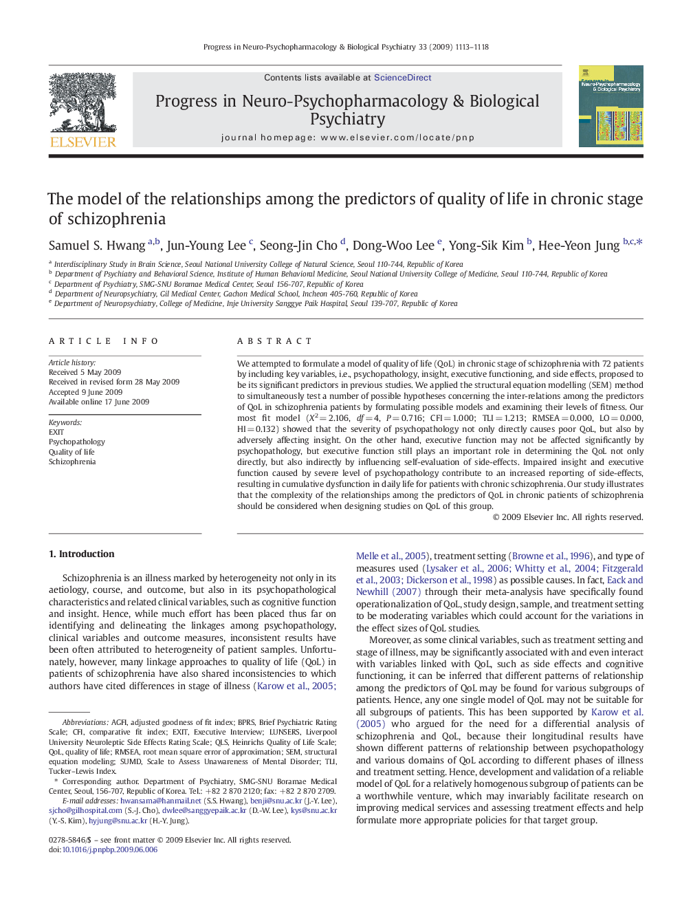 The model of the relationships among the predictors of quality of life in chronic stage of schizophrenia