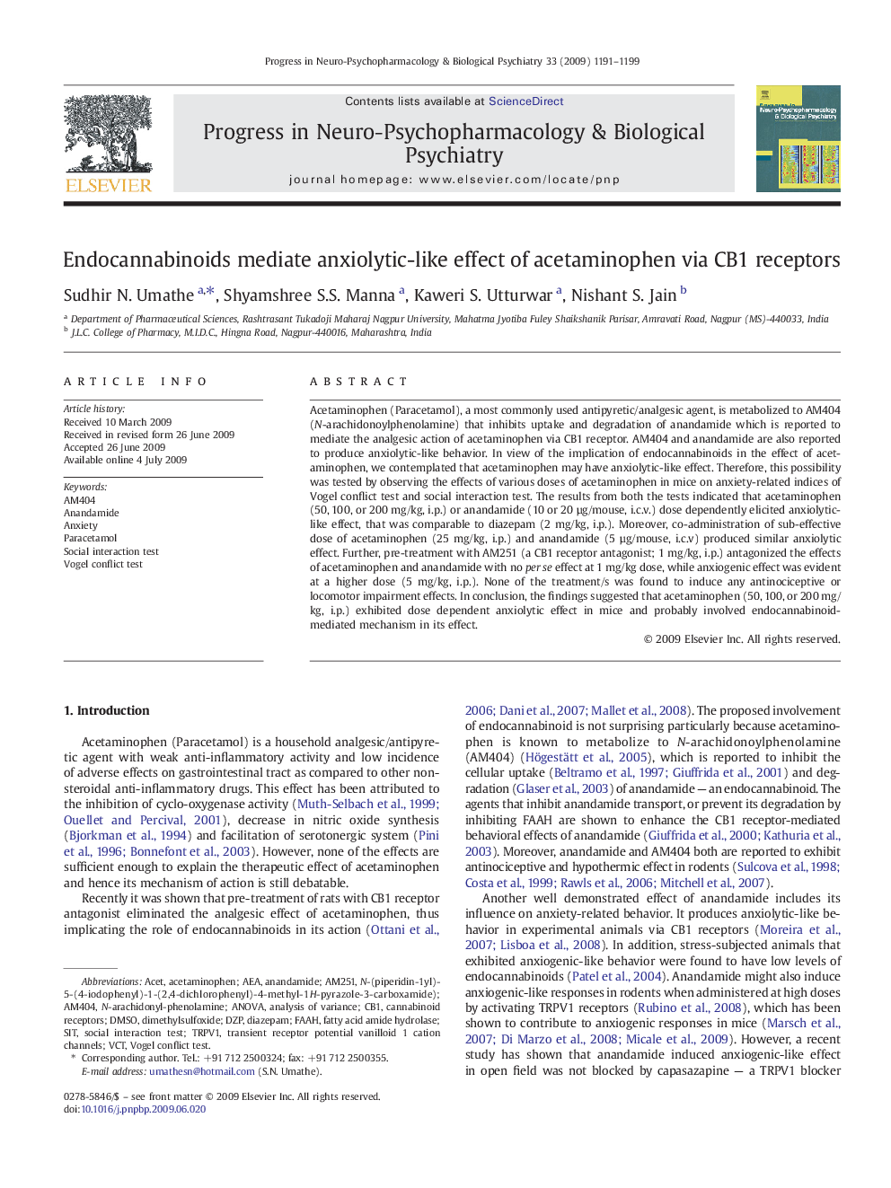 Endocannabinoids mediate anxiolytic-like effect of acetaminophen via CB1 receptors