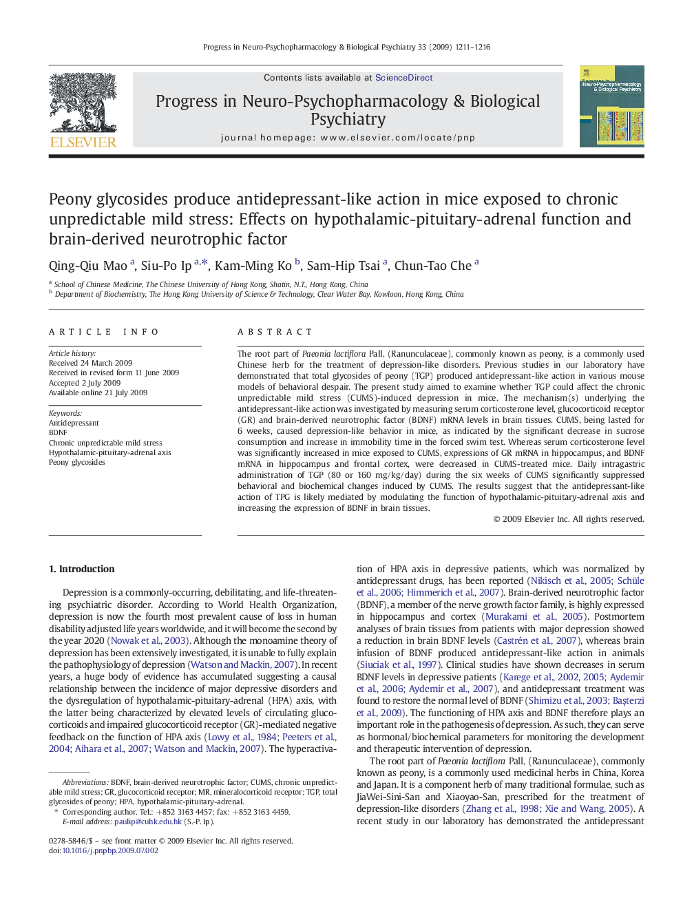 Peony glycosides produce antidepressant-like action in mice exposed to chronic unpredictable mild stress: Effects on hypothalamic-pituitary-adrenal function and brain-derived neurotrophic factor