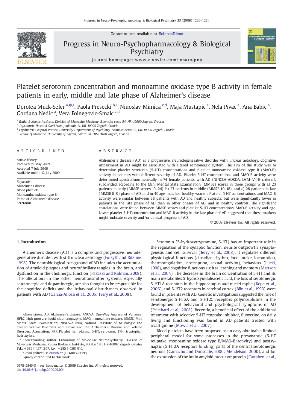 Platelet serotonin concentration and monoamine oxidase type B activity in female patients in early, middle and late phase of Alzheimer's disease