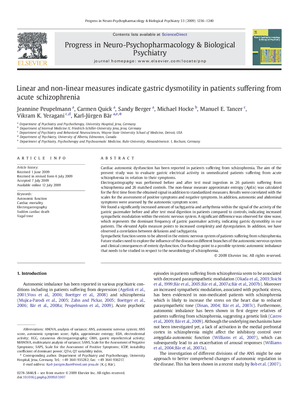 Linear and non-linear measures indicate gastric dysmotility in patients suffering from acute schizophrenia