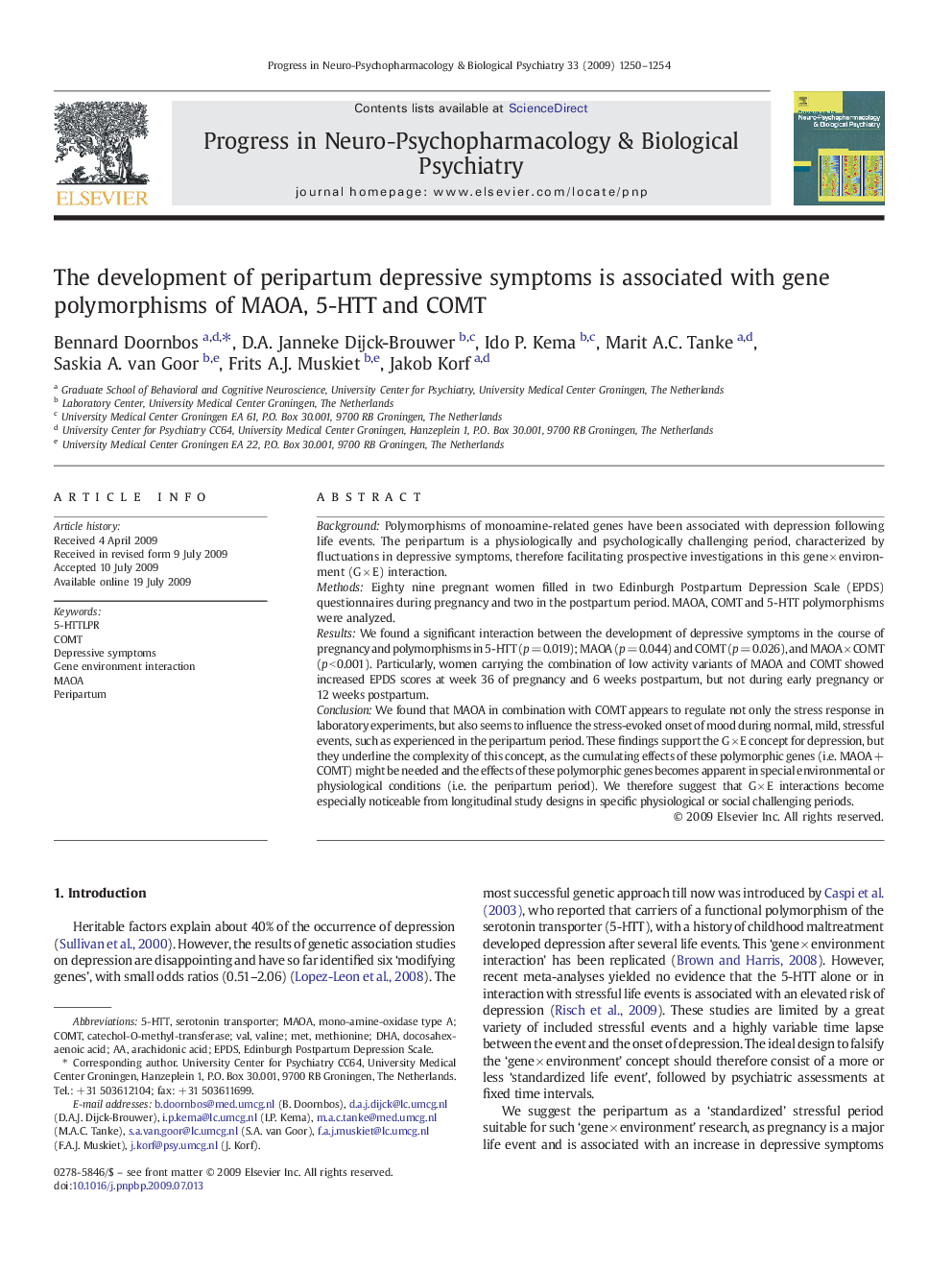 The development of peripartum depressive symptoms is associated with gene polymorphisms of MAOA, 5-HTT and COMT