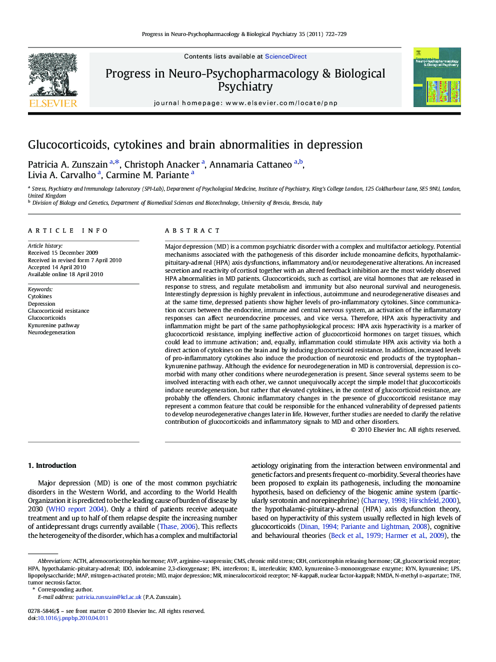 Glucocorticoids, cytokines and brain abnormalities in depression