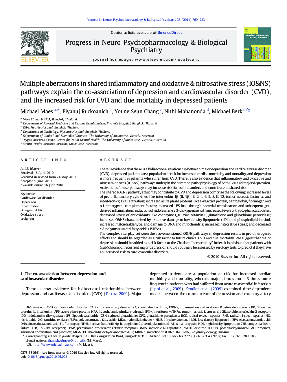 Multiple aberrations in shared inflammatory and oxidative & nitrosative stress (IO&NS) pathways explain the co-association of depression and cardiovascular disorder (CVD), and the increased risk for CVD and due mortality in depressed patients