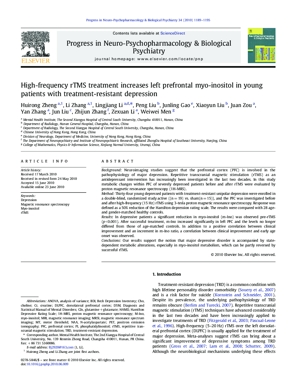 High-frequency rTMS treatment increases left prefrontal myo-inositol in young patients with treatment-resistant depression