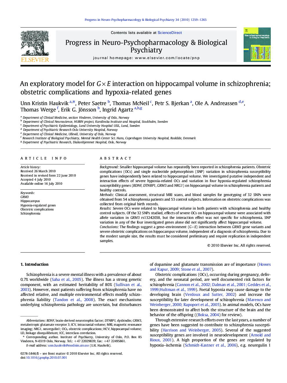 An exploratory model for G × E interaction on hippocampal volume in schizophrenia; obstetric complications and hypoxia-related genes