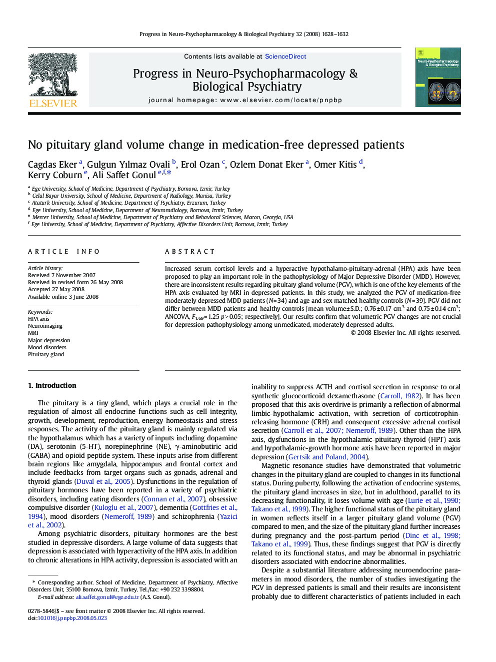 No pituitary gland volume change in medication-free depressed patients