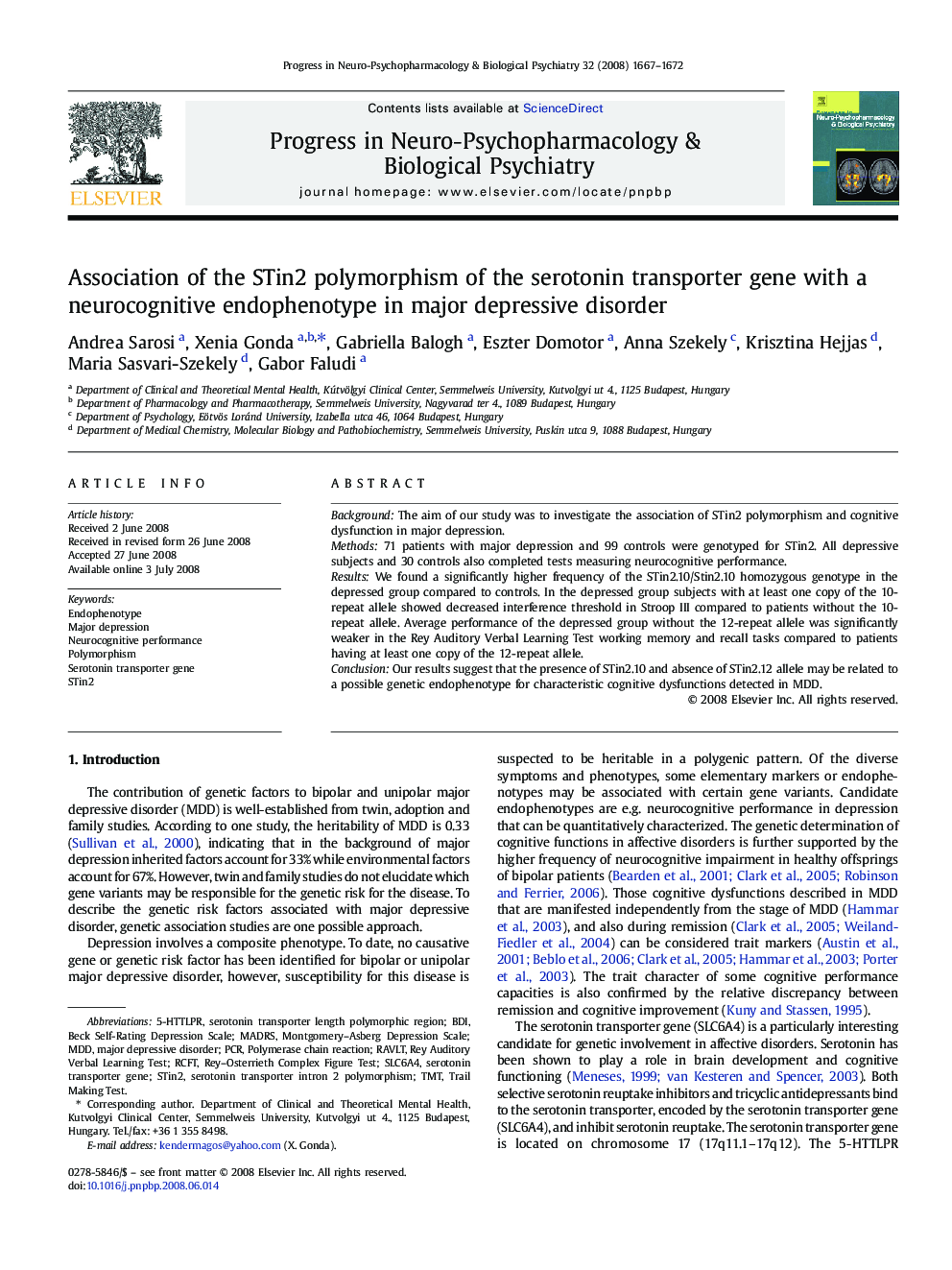 Association of the STin2 polymorphism of the serotonin transporter gene with a neurocognitive endophenotype in major depressive disorder