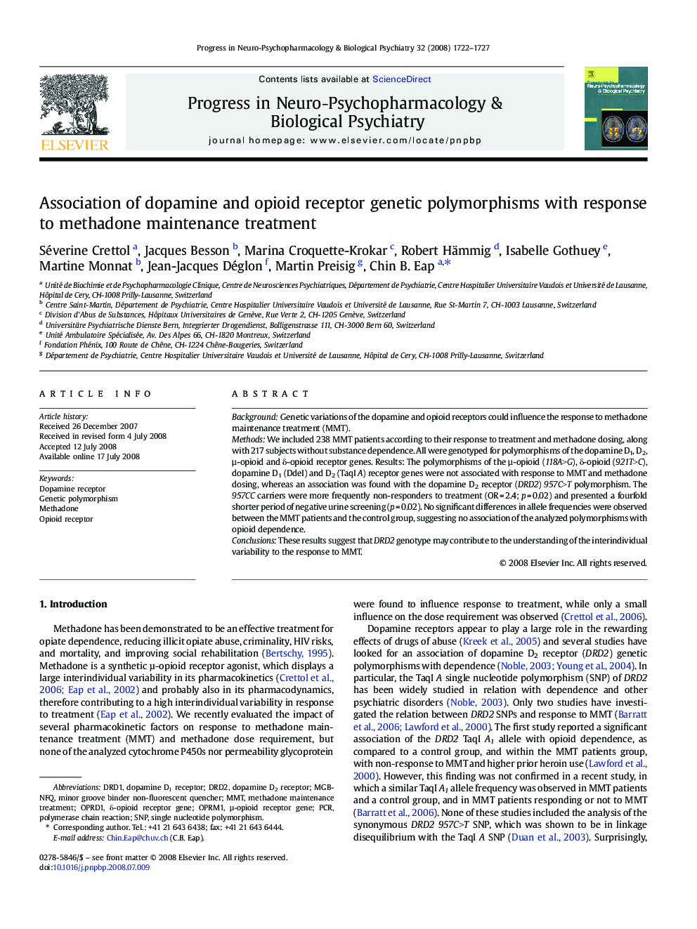 Association of dopamine and opioid receptor genetic polymorphisms with response to methadone maintenance treatment