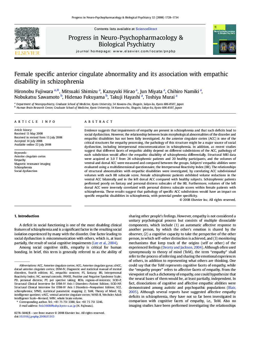 Female specific anterior cingulate abnormality and its association with empathic disability in schizophrenia