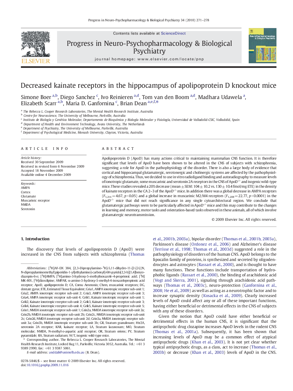 Decreased kainate receptors in the hippocampus of apolipoprotein D knockout mice