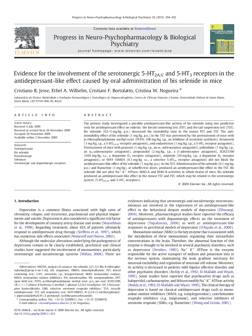 Evidence for the involvement of the serotonergic 5-HT2A/C and 5-HT3 receptors in the antidepressant-like effect caused by oral administration of bis selenide in mice