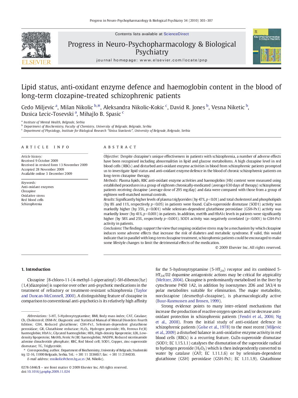 Lipid status, anti-oxidant enzyme defence and haemoglobin content in the blood of long-term clozapine-treated schizophrenic patients