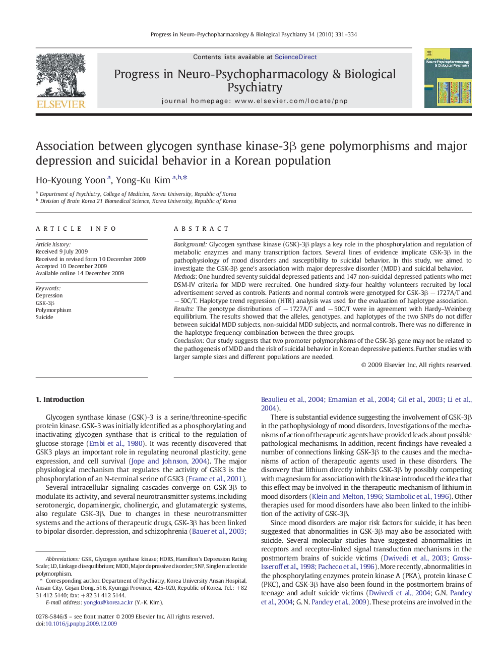 Association between glycogen synthase kinase-3β gene polymorphisms and major depression and suicidal behavior in a Korean population