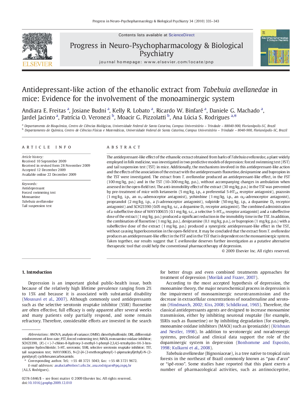 Antidepressant-like action of the ethanolic extract from Tabebuia avellanedae in mice: Evidence for the involvement of the monoaminergic system