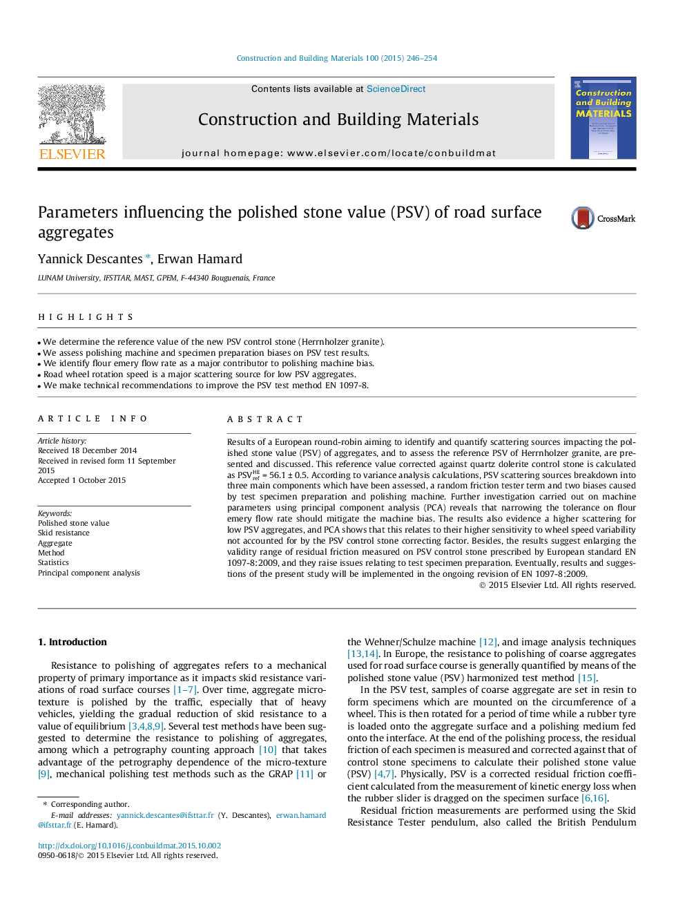 Parameters influencing the polished stone value (PSV) of road surface aggregates