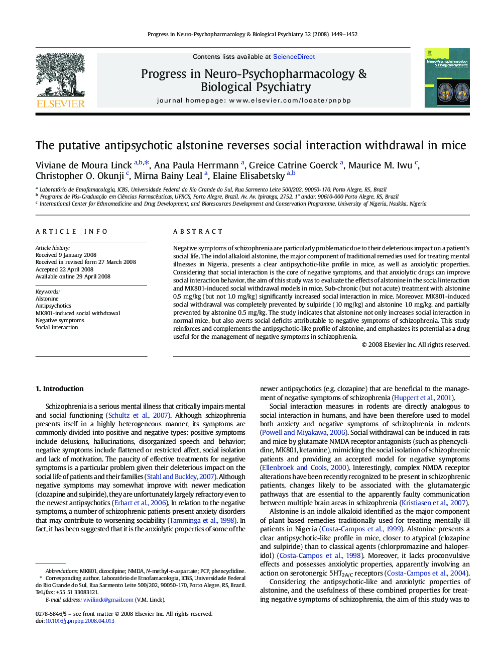 The putative antipsychotic alstonine reverses social interaction withdrawal in mice