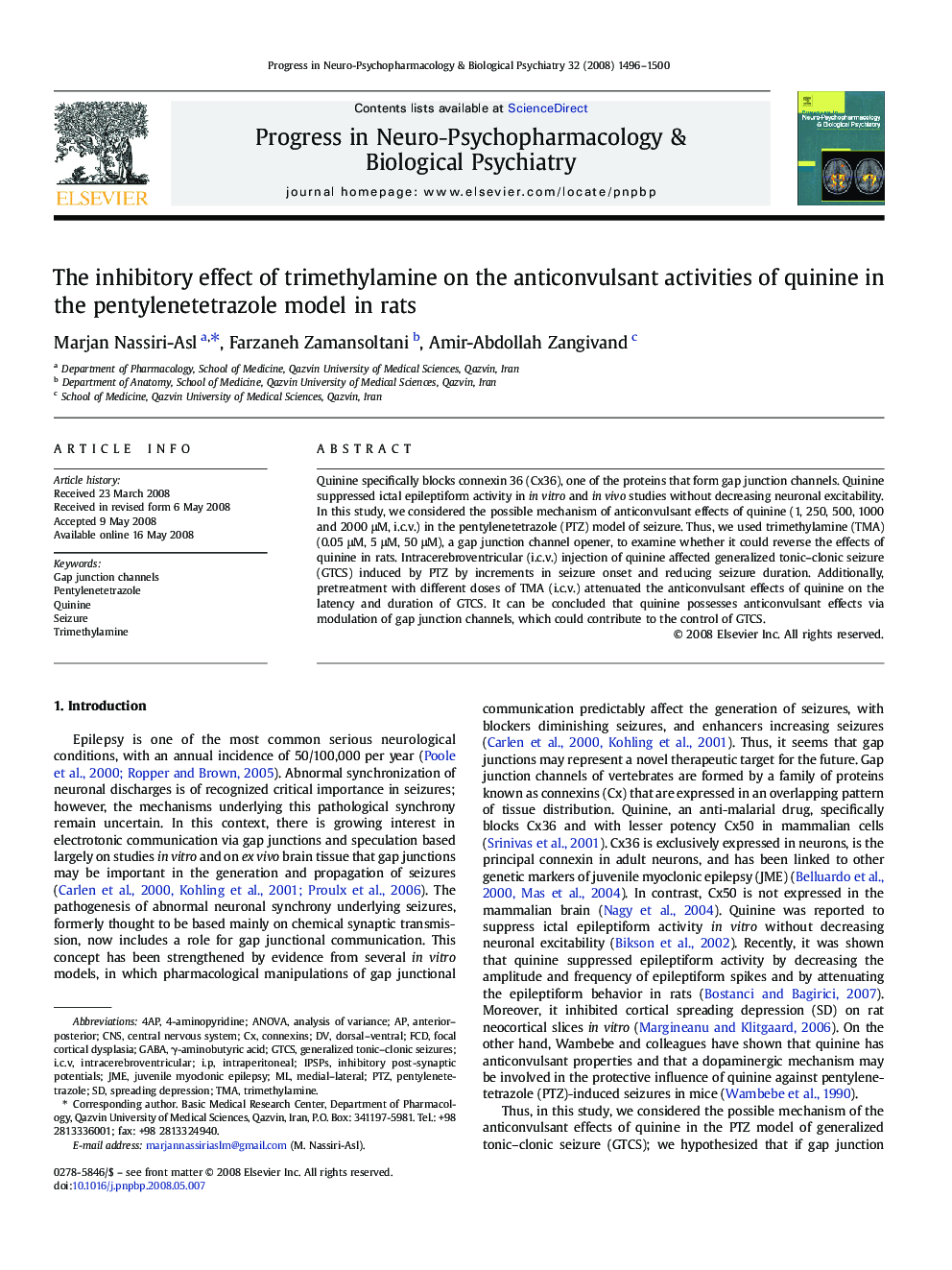 The inhibitory effect of trimethylamine on the anticonvulsant activities of quinine in the pentylenetetrazole model in rats