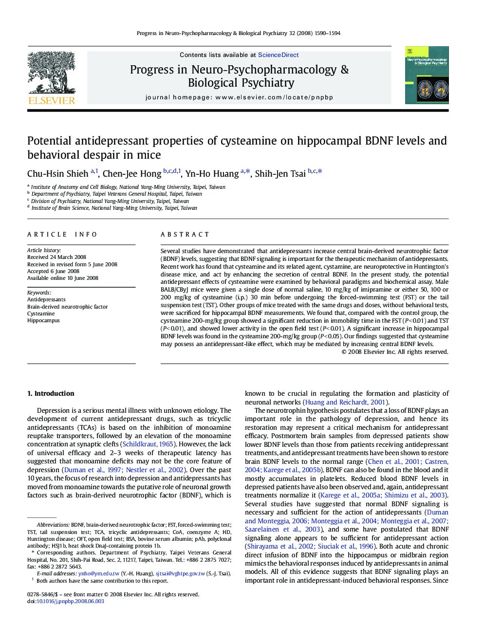 Potential antidepressant properties of cysteamine on hippocampal BDNF levels and behavioral despair in mice