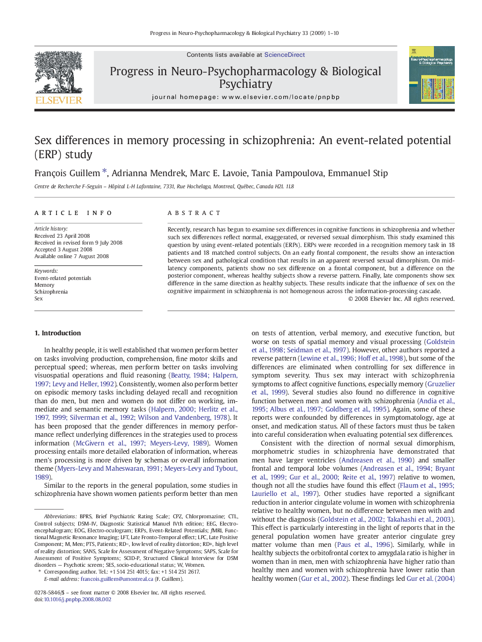 عکس صفحه اول مقاله: Sex differences in memory processing in schizophrenia: An event-related potential (ERP) study Sex differences in memory processing in schizophrenia: An event-related potential (ERP) study