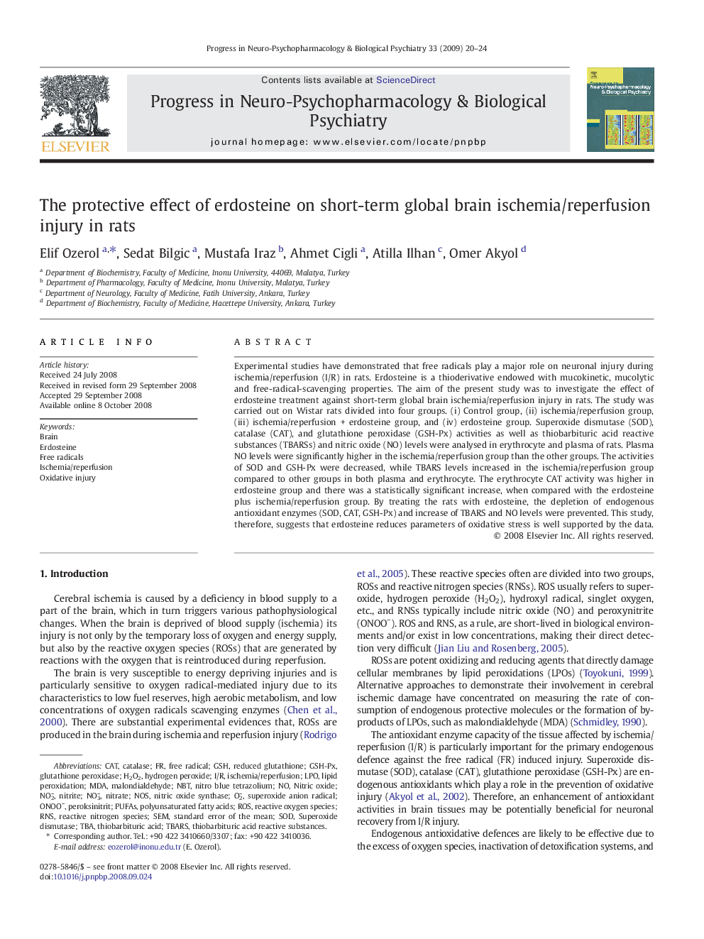 The protective effect of erdosteine on short-term global brain ischemia/reperfusion injury in rats