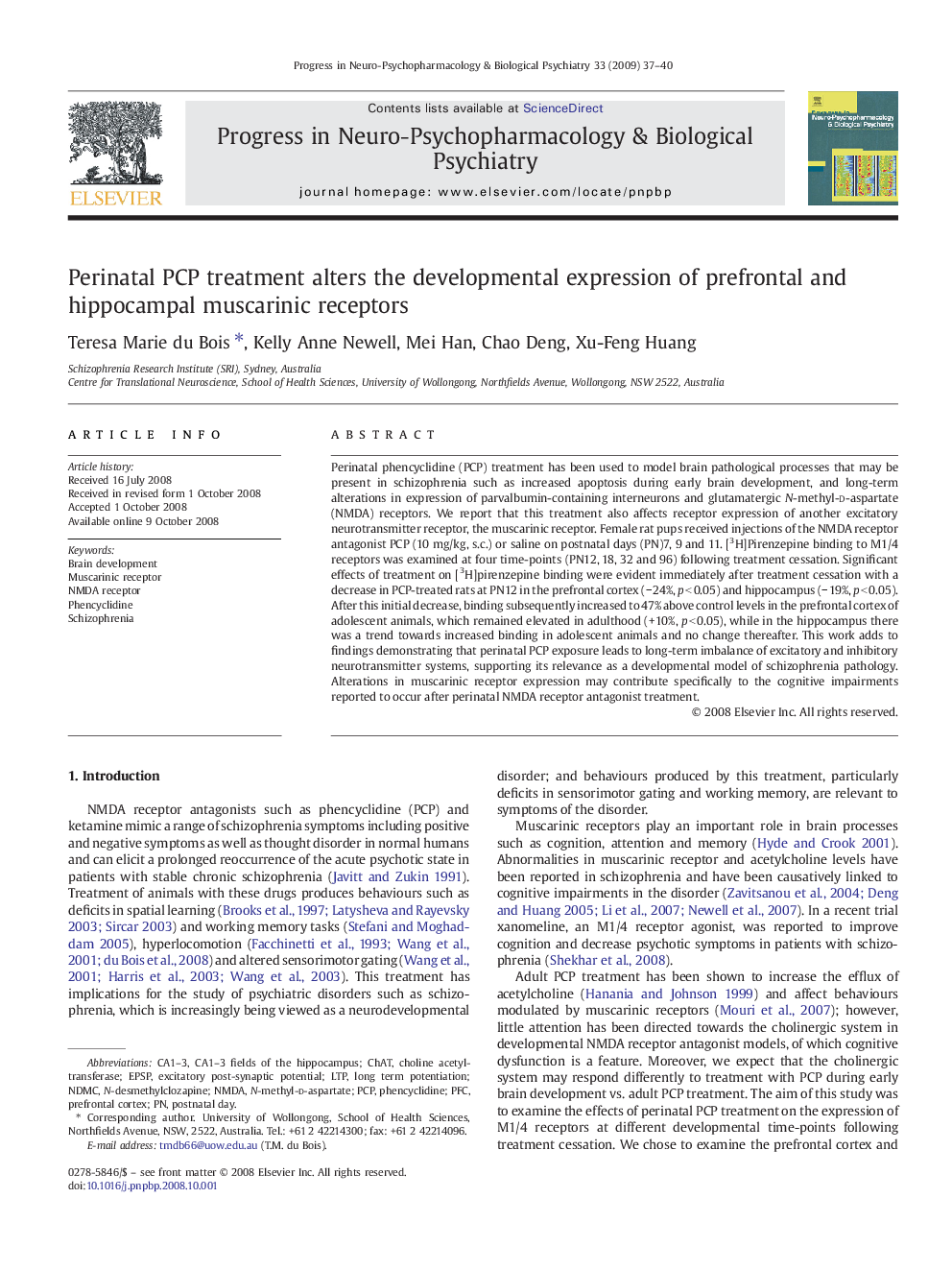 Perinatal PCP treatment alters the developmental expression of prefrontal and hippocampal muscarinic receptors