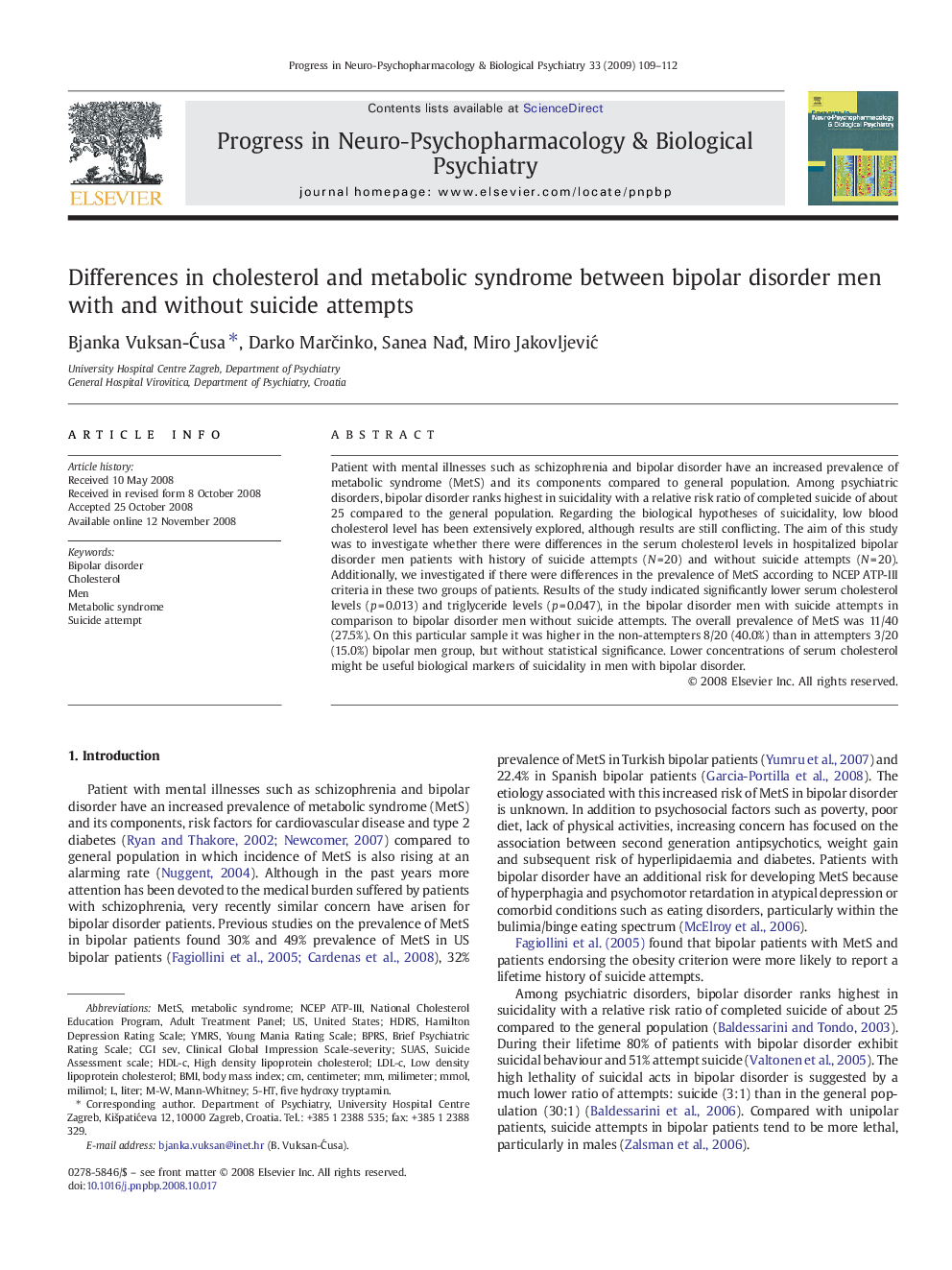 Differences in cholesterol and metabolic syndrome between bipolar disorder men with and without suicide attempts