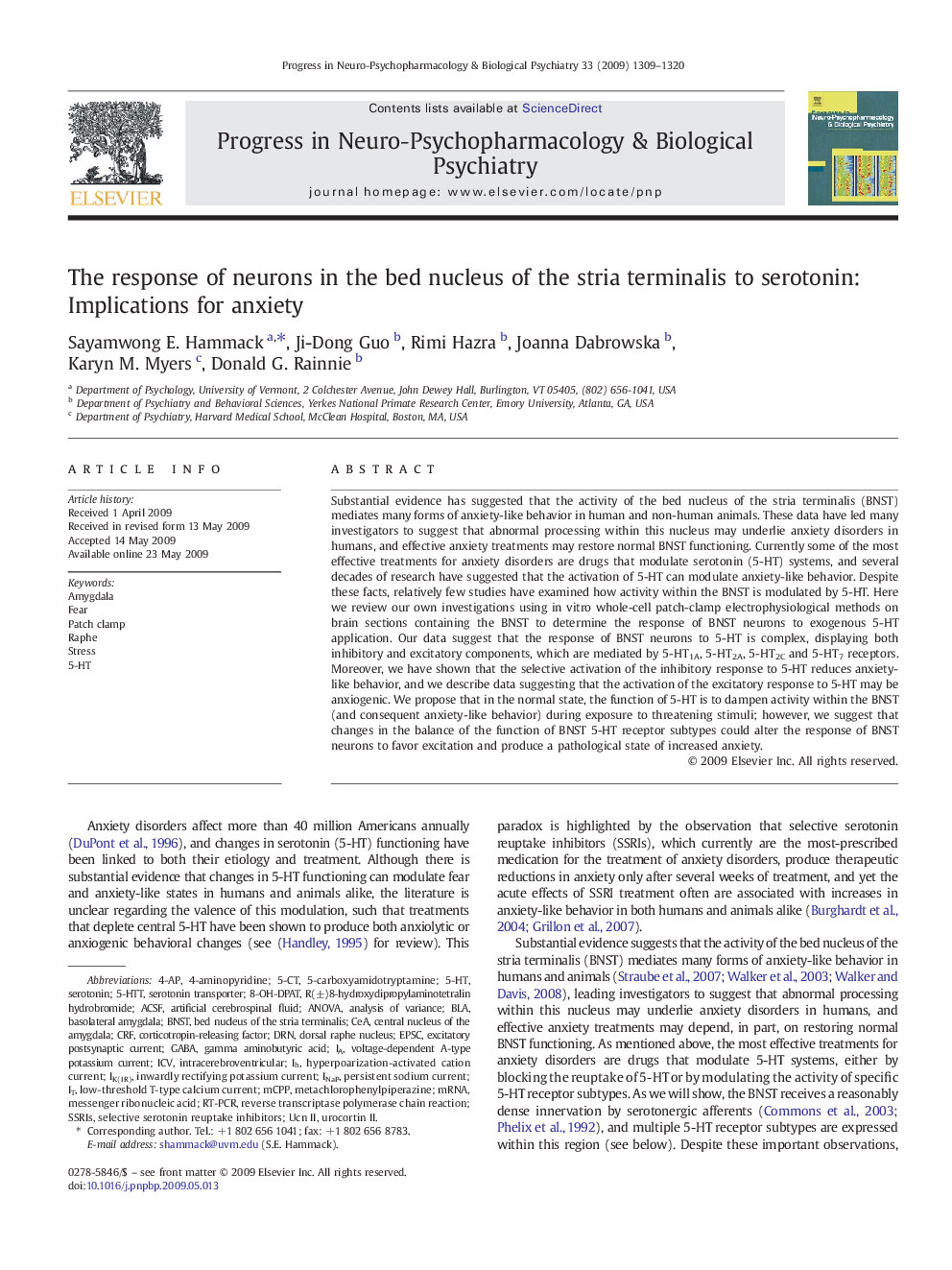 The response of neurons in the bed nucleus of the stria terminalis to serotonin: Implications for anxiety