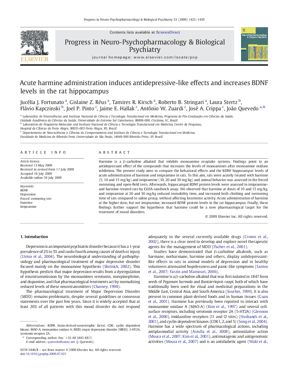 Acute harmine administration induces antidepressive-like effects and increases BDNF levels in the rat hippocampus