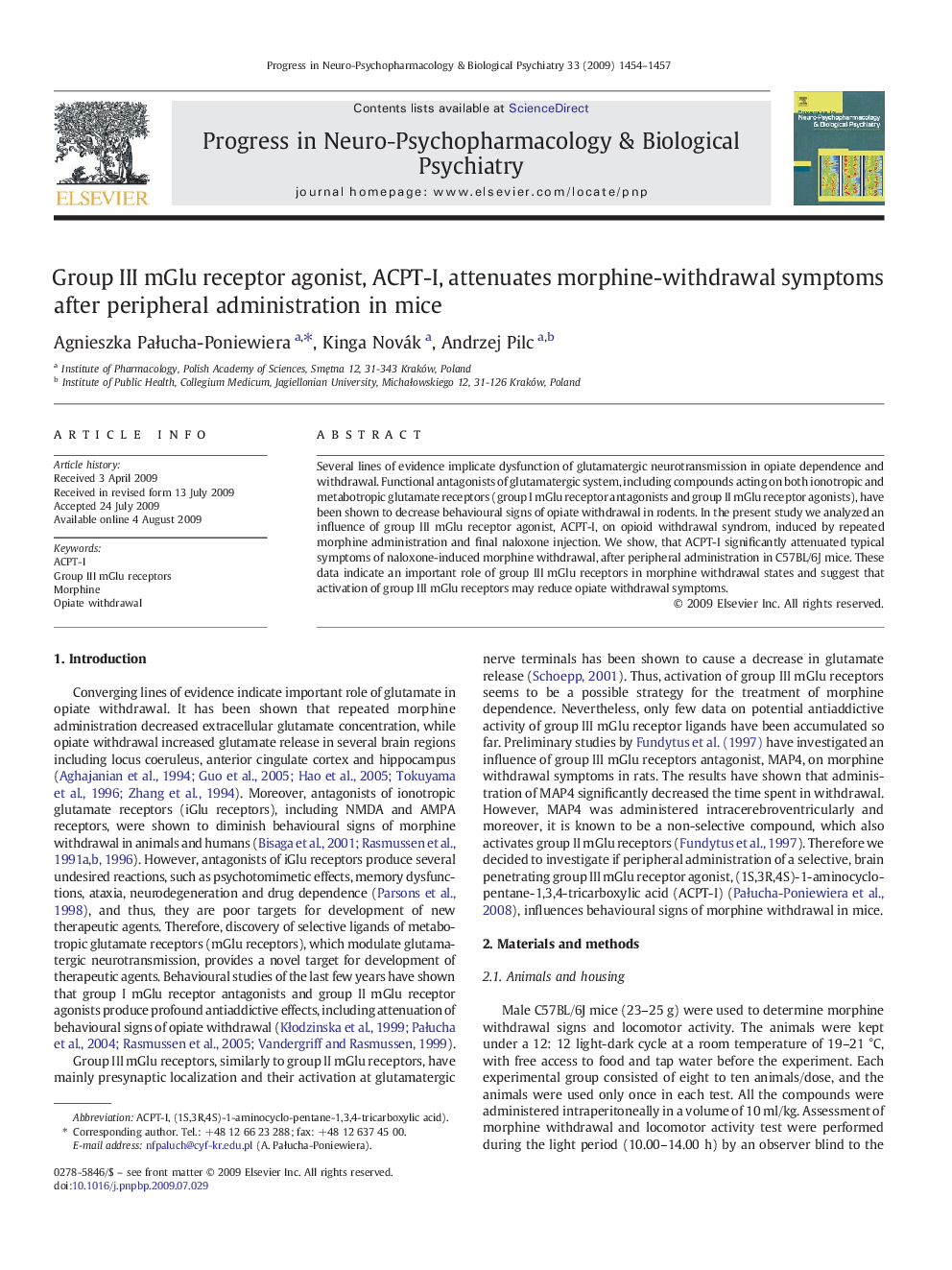 Group III mGlu receptor agonist, ACPT-I, attenuates morphine-withdrawal symptoms after peripheral administration in mice