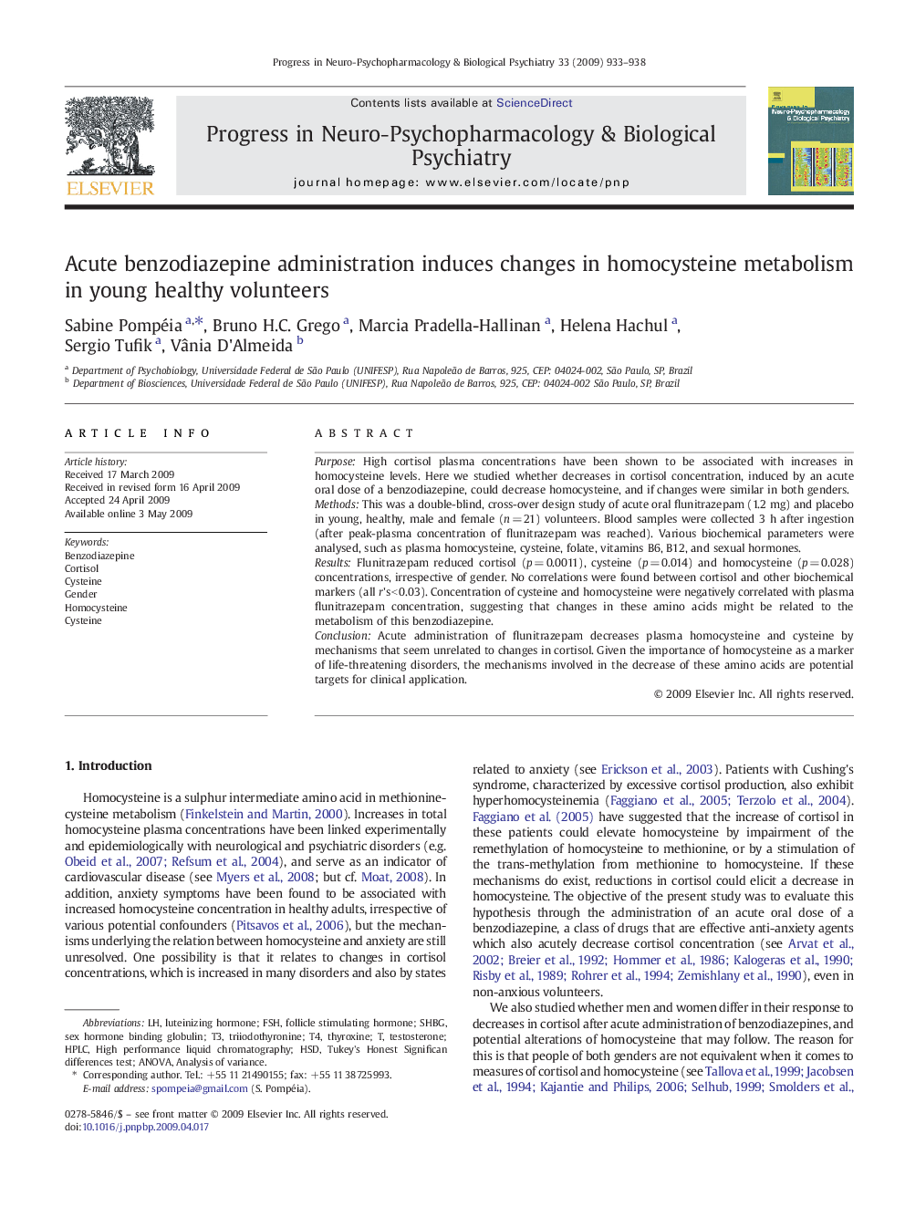 Acute benzodiazepine administration induces changes in homocysteine metabolism in young healthy volunteers