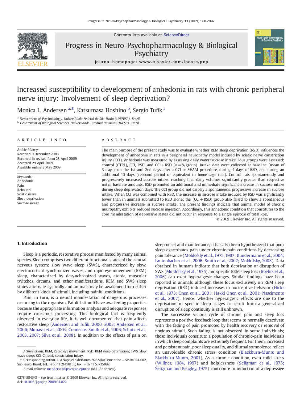 Increased susceptibility to development of anhedonia in rats with chronic peripheral nerve injury: Involvement of sleep deprivation?