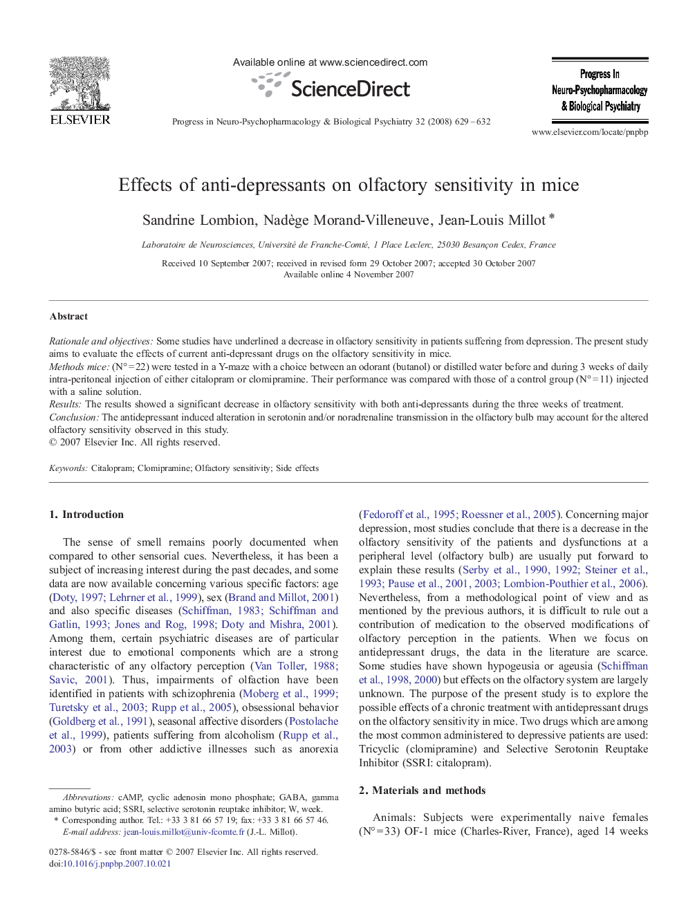 Effects of anti-depressants on olfactory sensitivity in mice