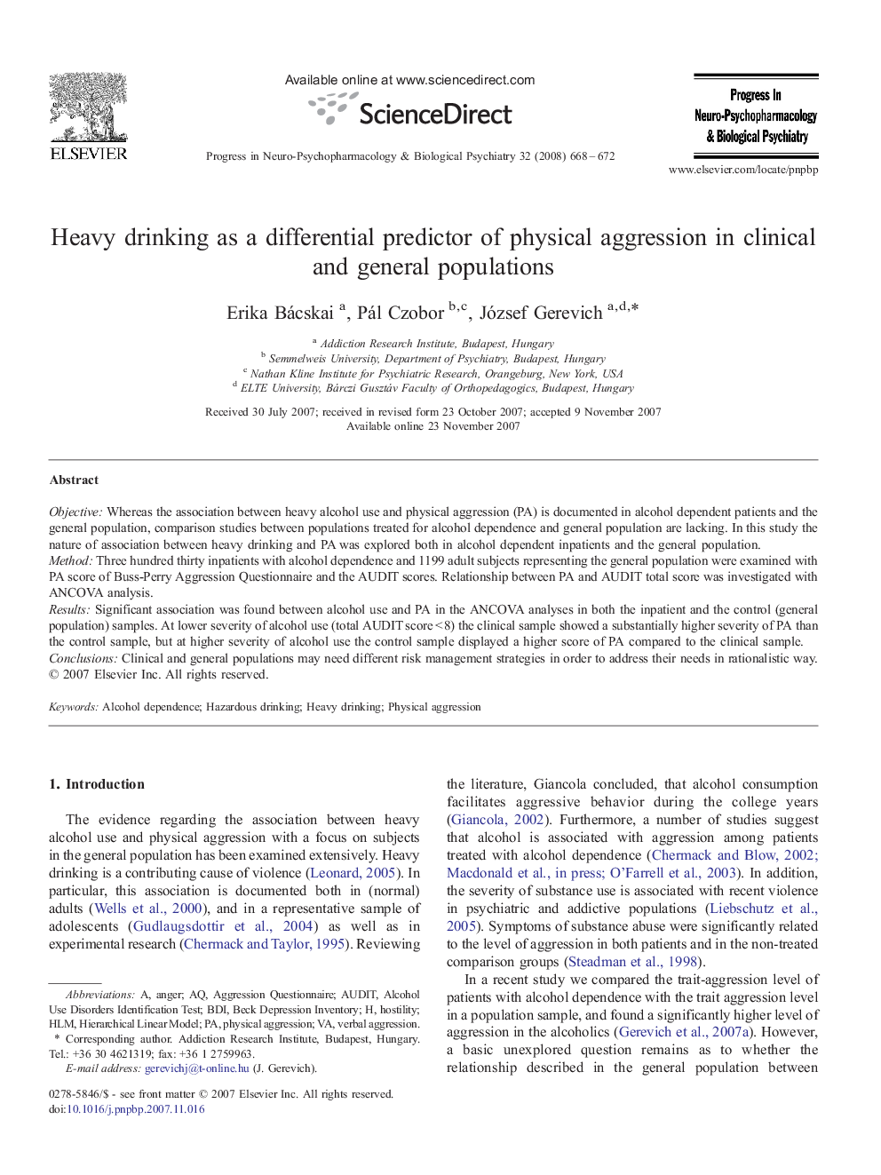 Heavy drinking as a differential predictor of physical aggression in clinical and general populations