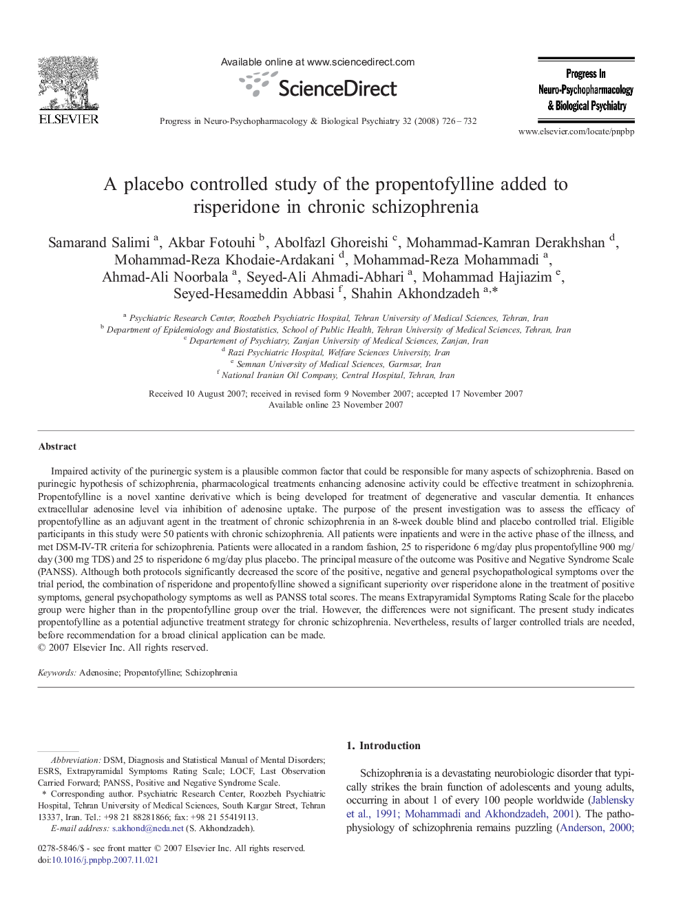 A placebo controlled study of the propentofylline added to risperidone in chronic schizophrenia