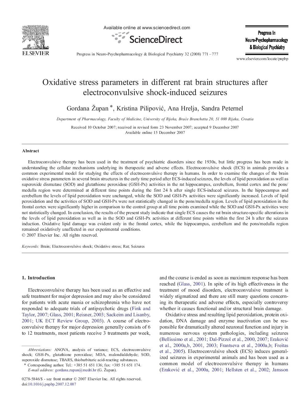 Oxidative stress parameters in different rat brain structures after electroconvulsive shock-induced seizures