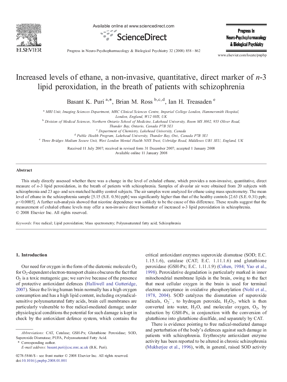 Increased levels of ethane, a non-invasive, quantitative, direct marker of n-3 lipid peroxidation, in the breath of patients with schizophrenia