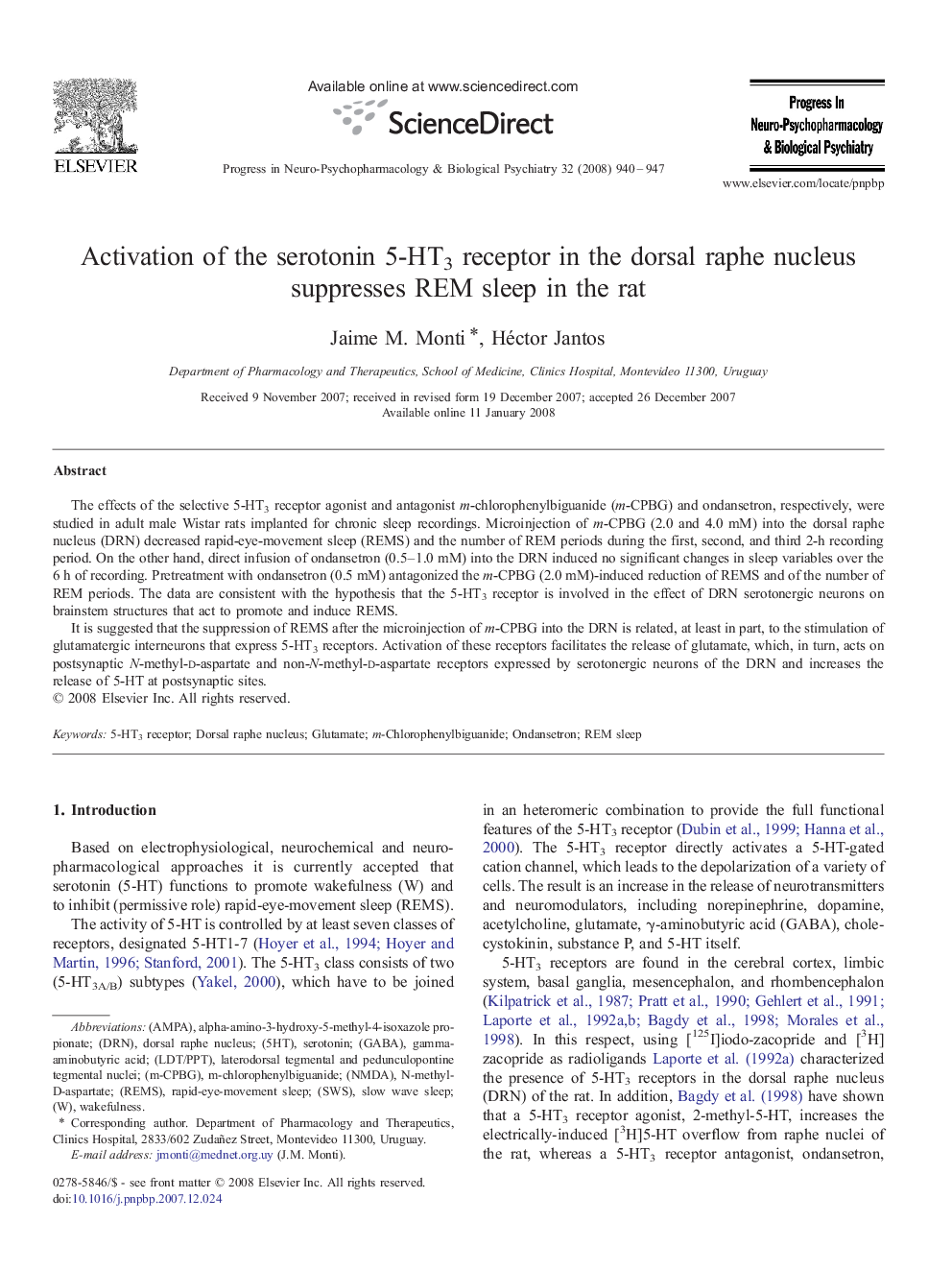 Activation of the serotonin 5-HT3 receptor in the dorsal raphe nucleus suppresses REM sleep in the rat
