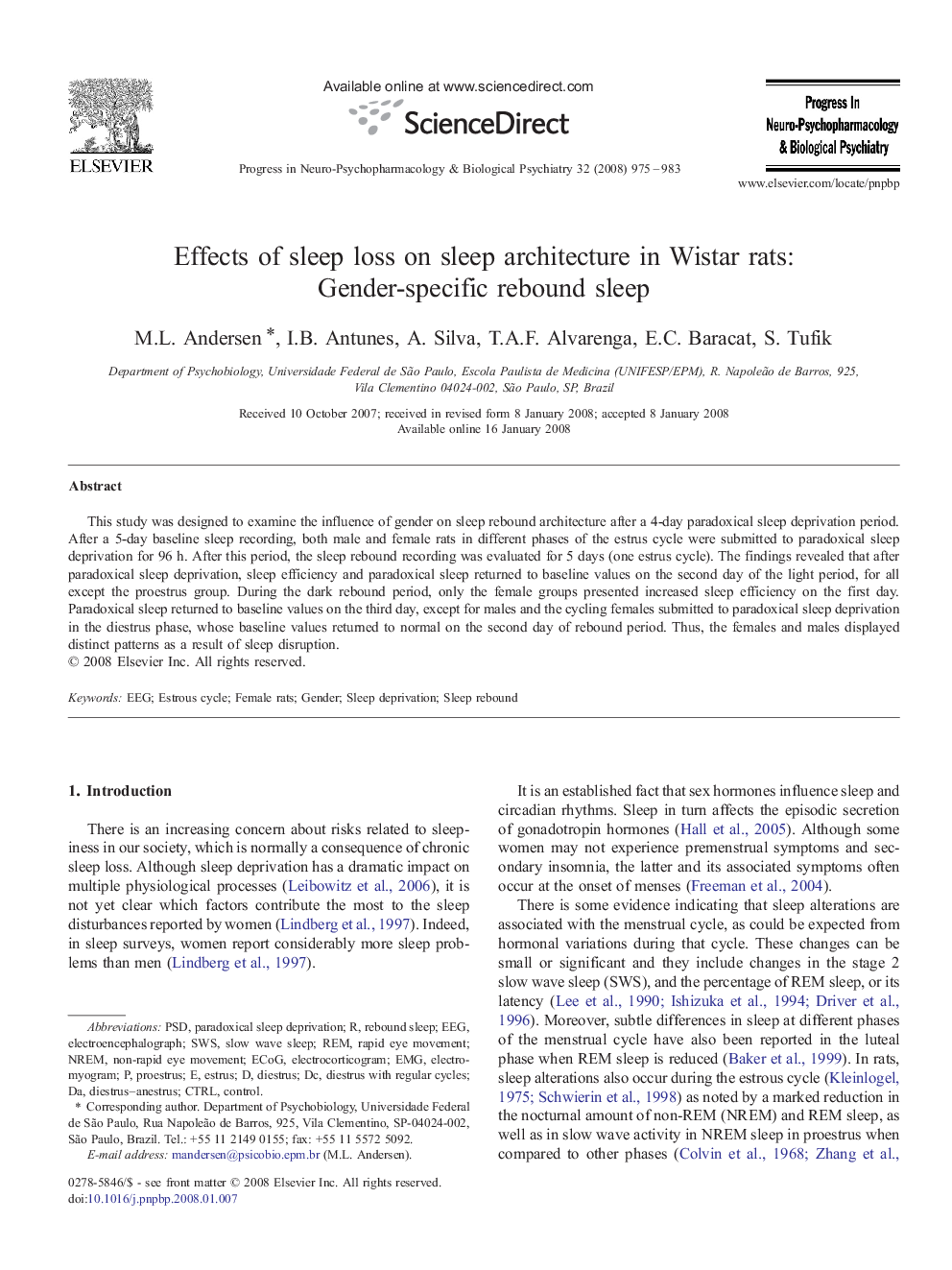 Effects of sleep loss on sleep architecture in Wistar rats: Gender-specific rebound sleep